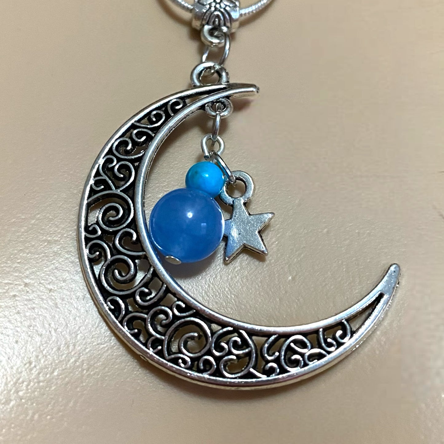 Silver Tone Filigree Celestial Moon Pendant Necklace Blue Stone Bead Charms 18” Silver Plate Chain - East Coast Bella LLC