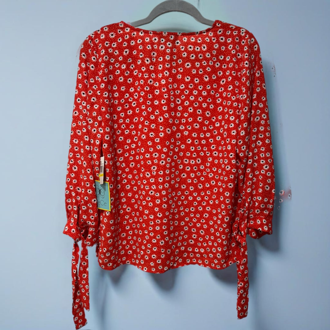 CeCe Daisy Floral Red Blouse 3/4 Sleeve Tie Cuff V Neck Top