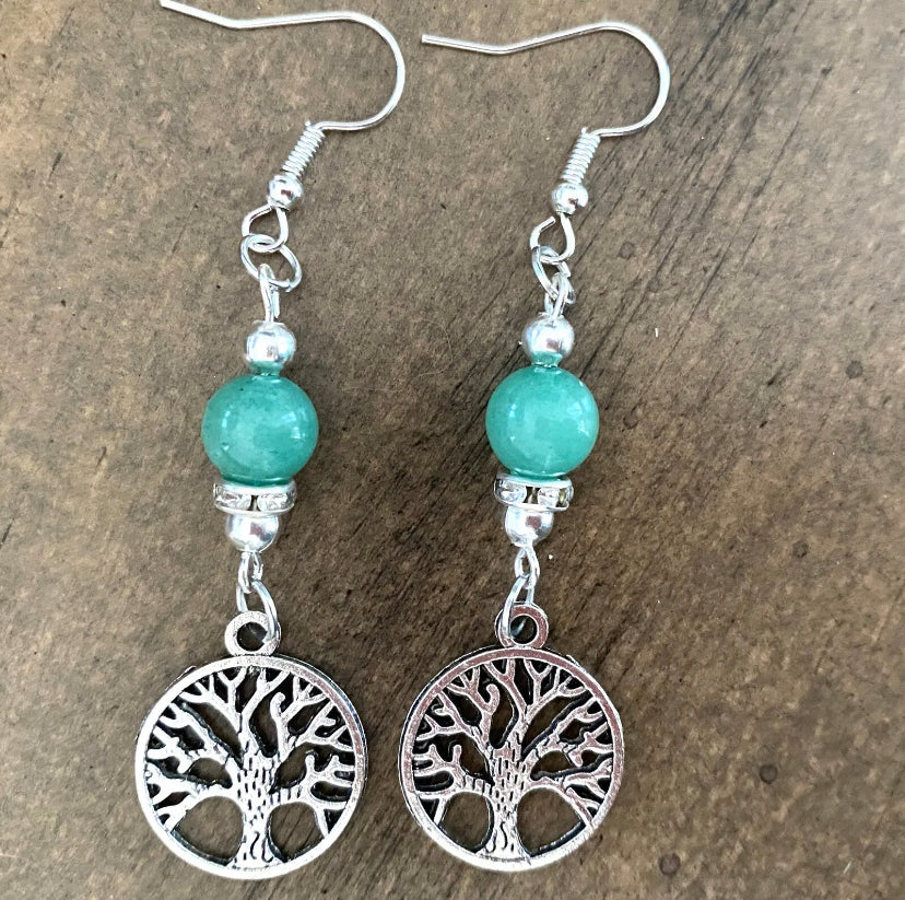 TREE OF LIFE Dangle Earrings Green Jade Gemstone Bead Accent Silver Tone Hook - East Coast Bella LLC