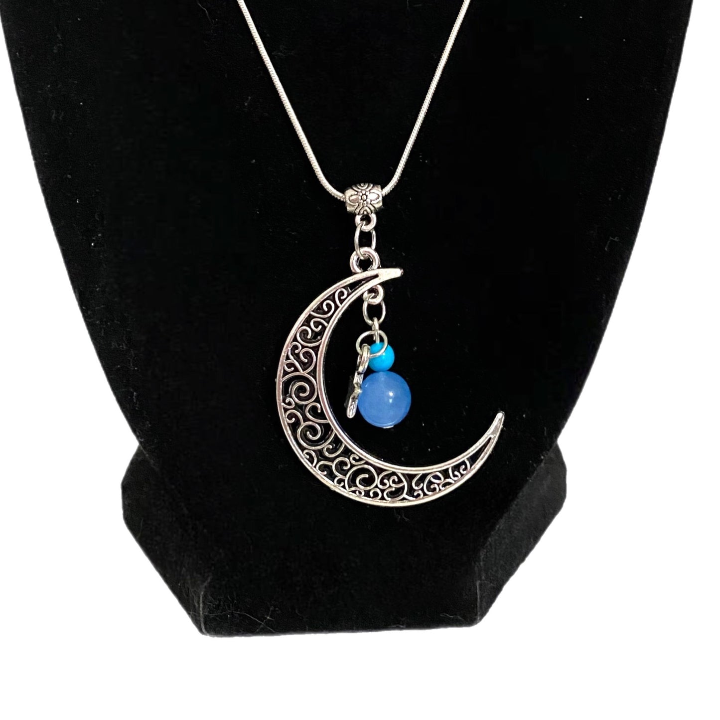 Silver Tone Filigree Celestial Moon Pendant Necklace Blue Stone Bead Charms 18” Silver Plate Chain - East Coast Bella LLC