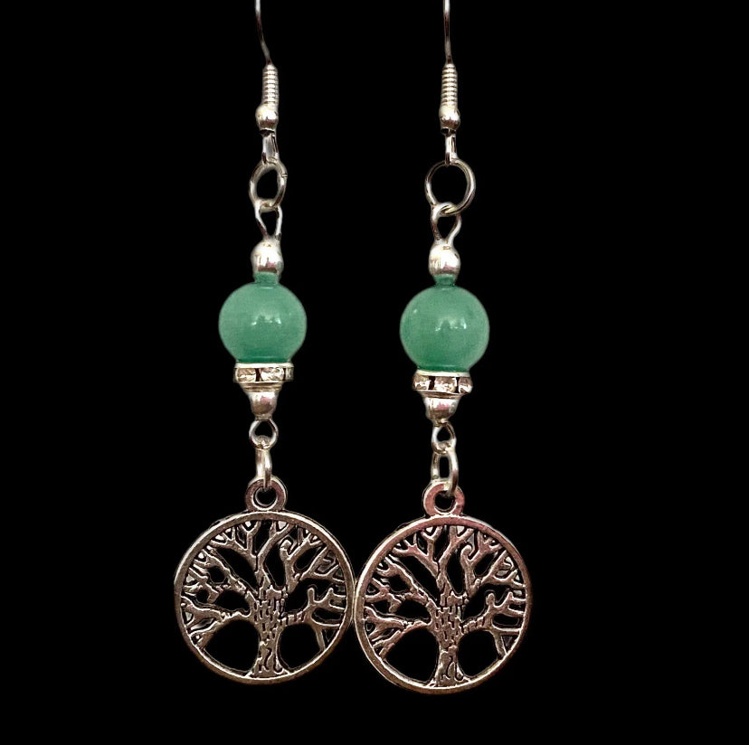 TREE OF LIFE Dangle Earrings Green Jade Gemstone Bead Accent Silver Tone Hook - East Coast Bella LLC