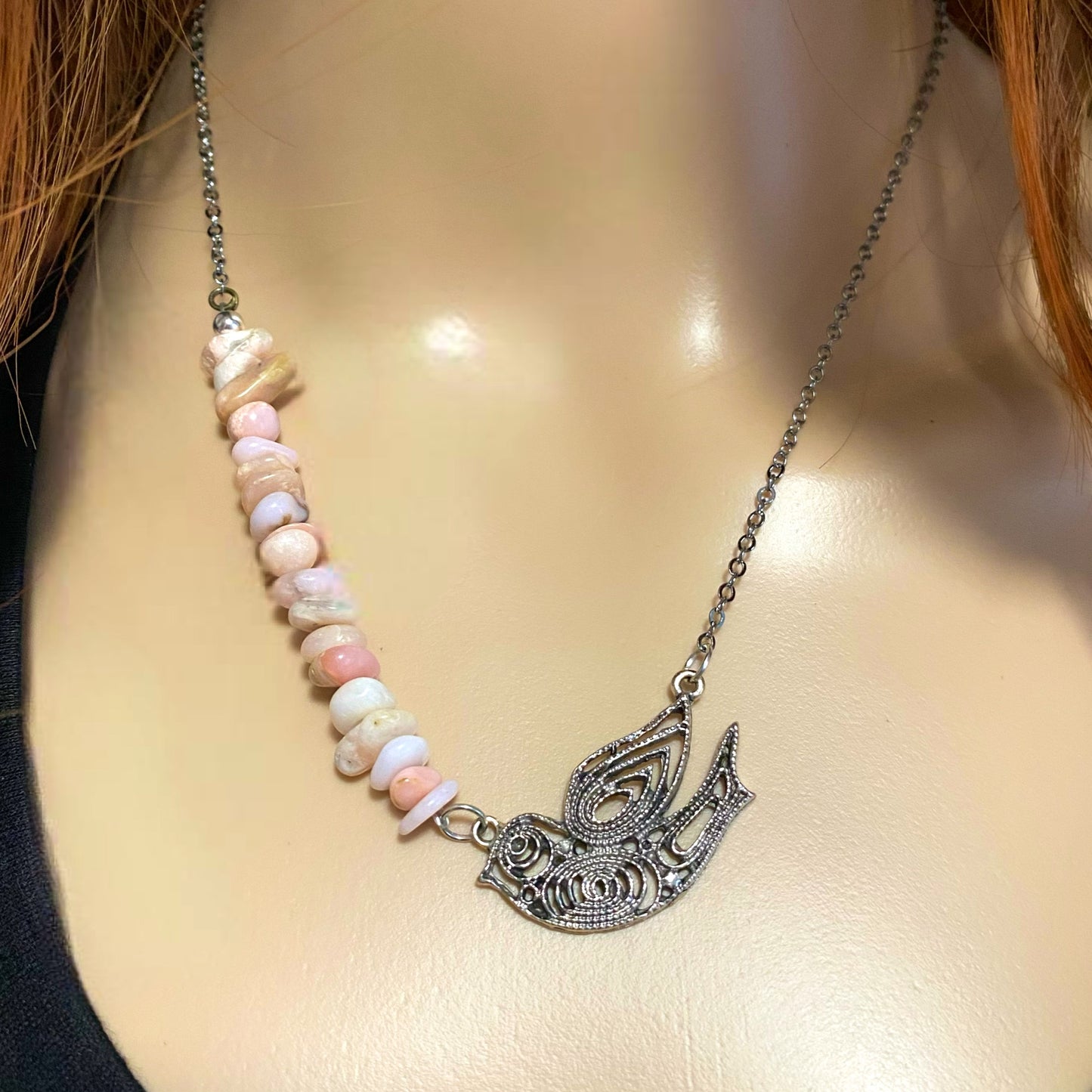 Natural Pink Opal Gemstone Chip Necklace Peaceful Bird Pendant Gun Metal Silver Plate Copper Chain 18” - East Coast Bella LLC
