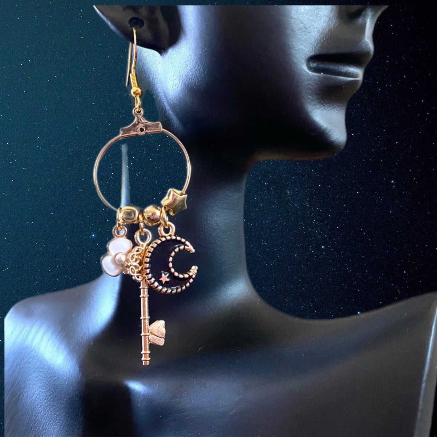 Asymmetrical Moon Charm Earrings Gold Over 925 Sterling Silver Hooks - East Coast Bella LLC
