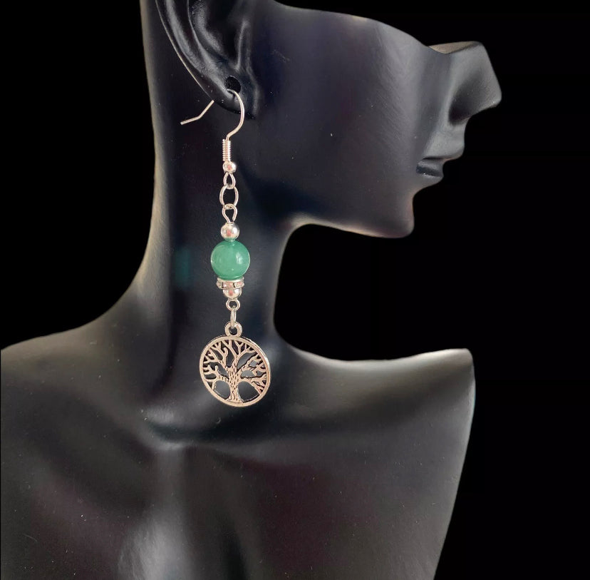 TREE OF LIFE Dangle Earrings Green Jade Gemstone Bead Accent Silver Tone Hook - East Coast Bella LLC