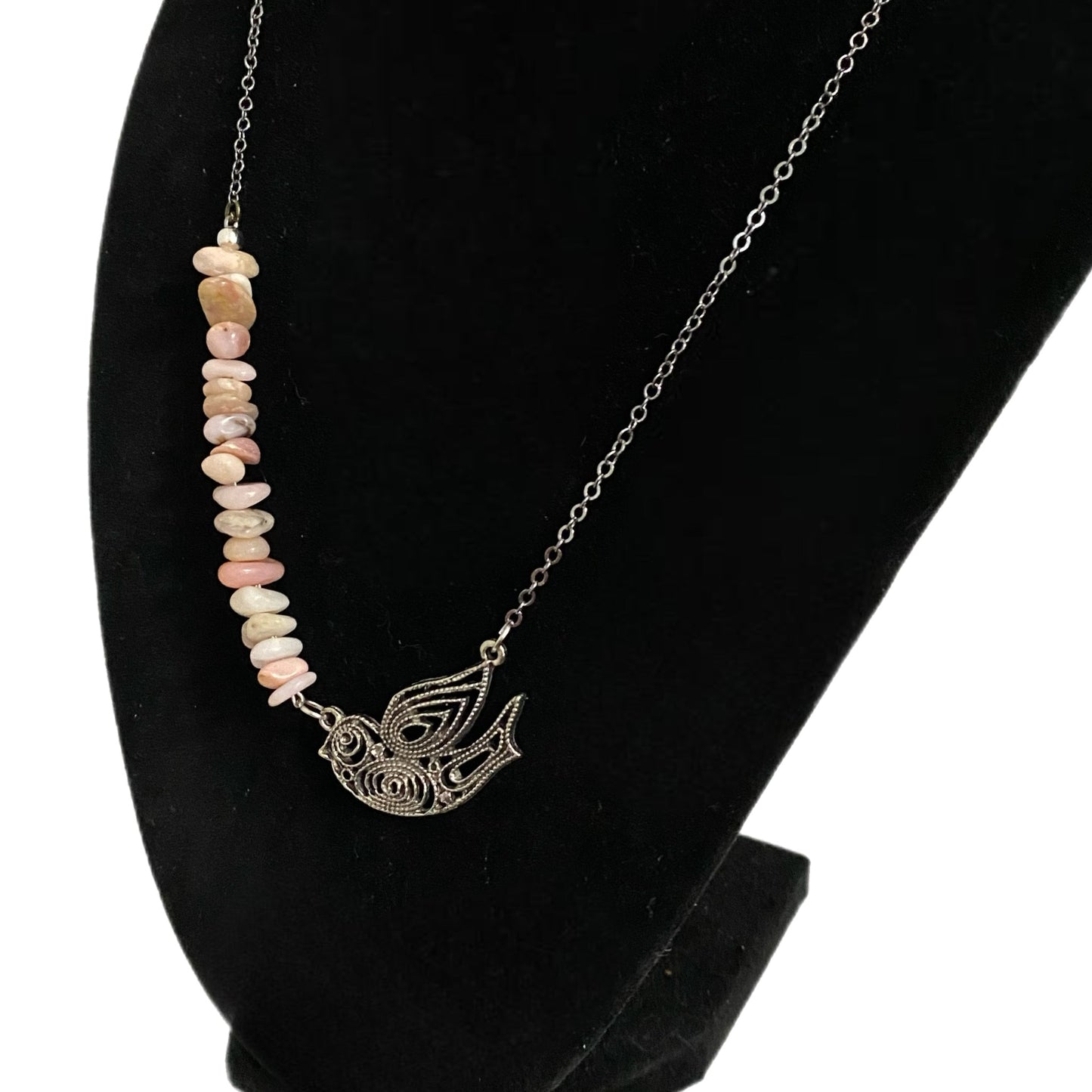 Natural Pink Opal Gemstone Chip Necklace Peaceful Bird Pendant Gun Metal Silver Plate Copper Chain 18” - East Coast Bella LLC