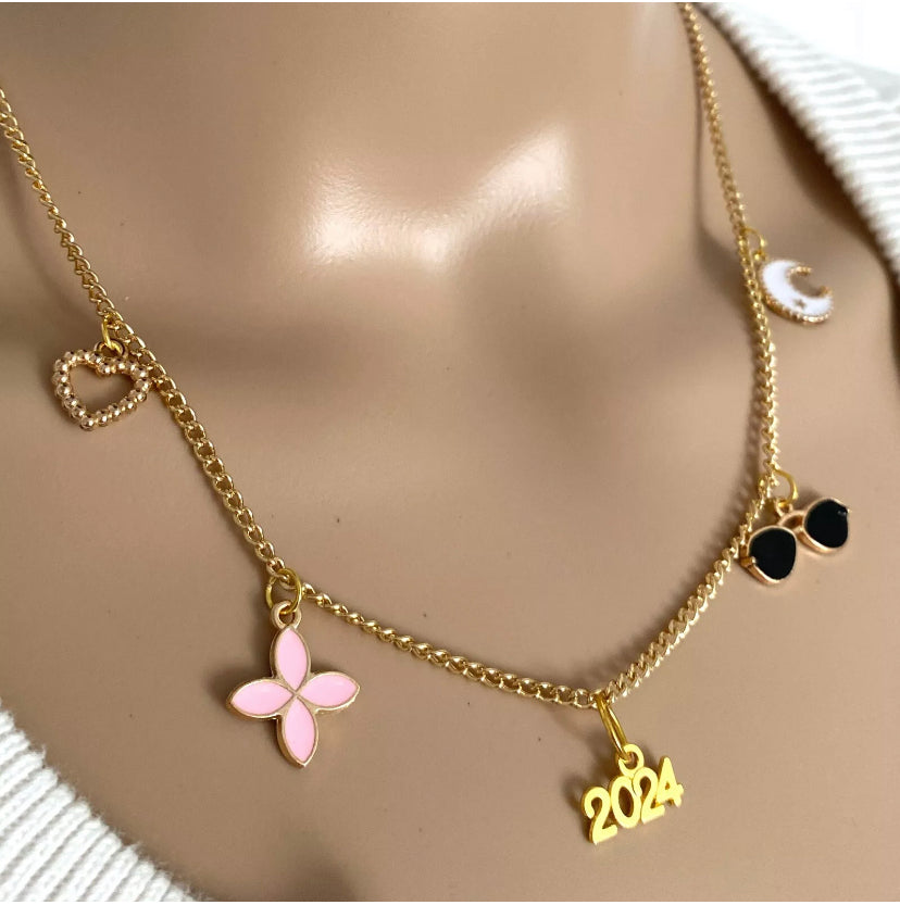 Class Of 2024 Graduation Charm Necklace Gold Plate Chain, Preppy Charms - East Coast Bella LLC