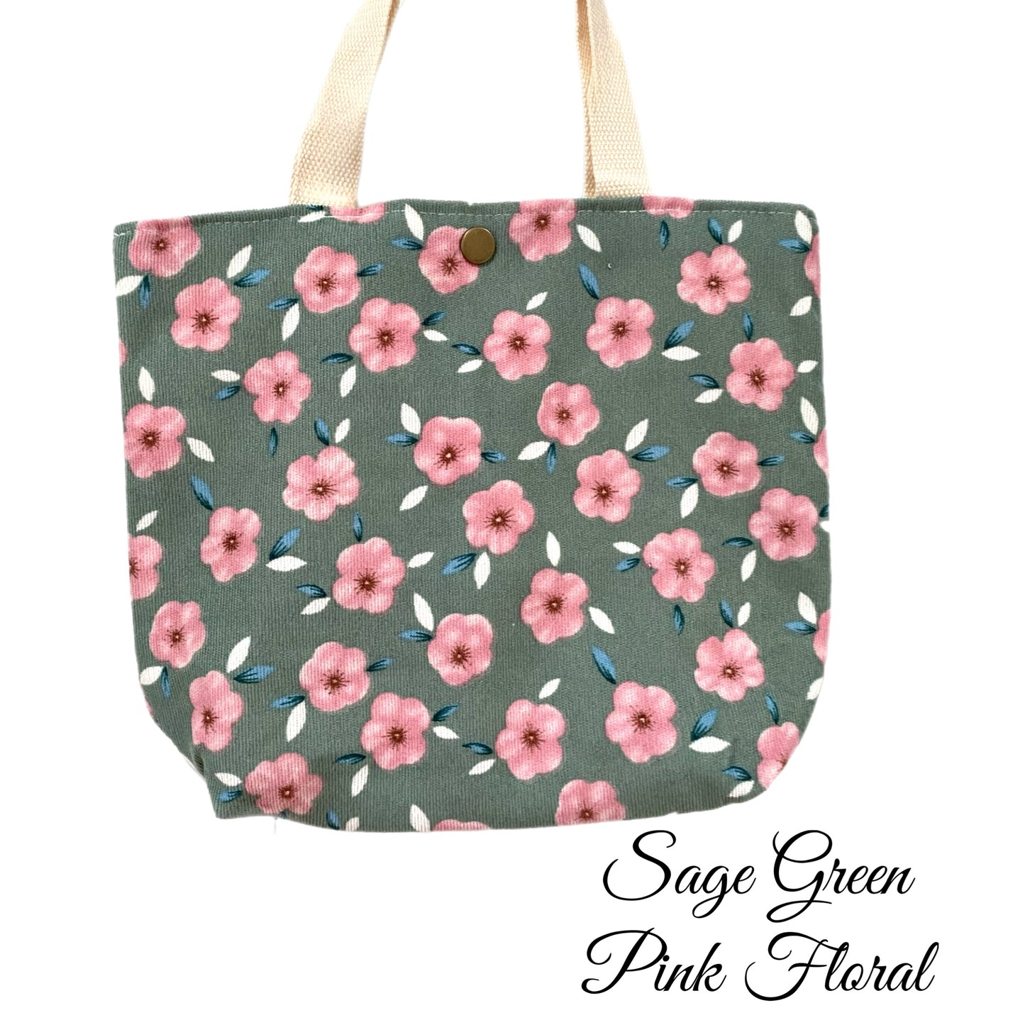Vintage Style Artistic Floral Corduroy Small Tote in Sage Green w/Pink Flowers - East Coast Bella LLC