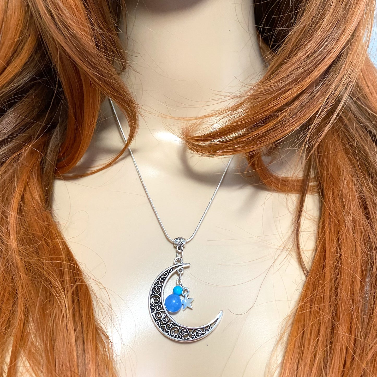 Silver Tone Filigree Celestial Moon Pendant Necklace Blue Stone Bead Charms 18” Silver Plate Chain - East Coast Bella LLC
