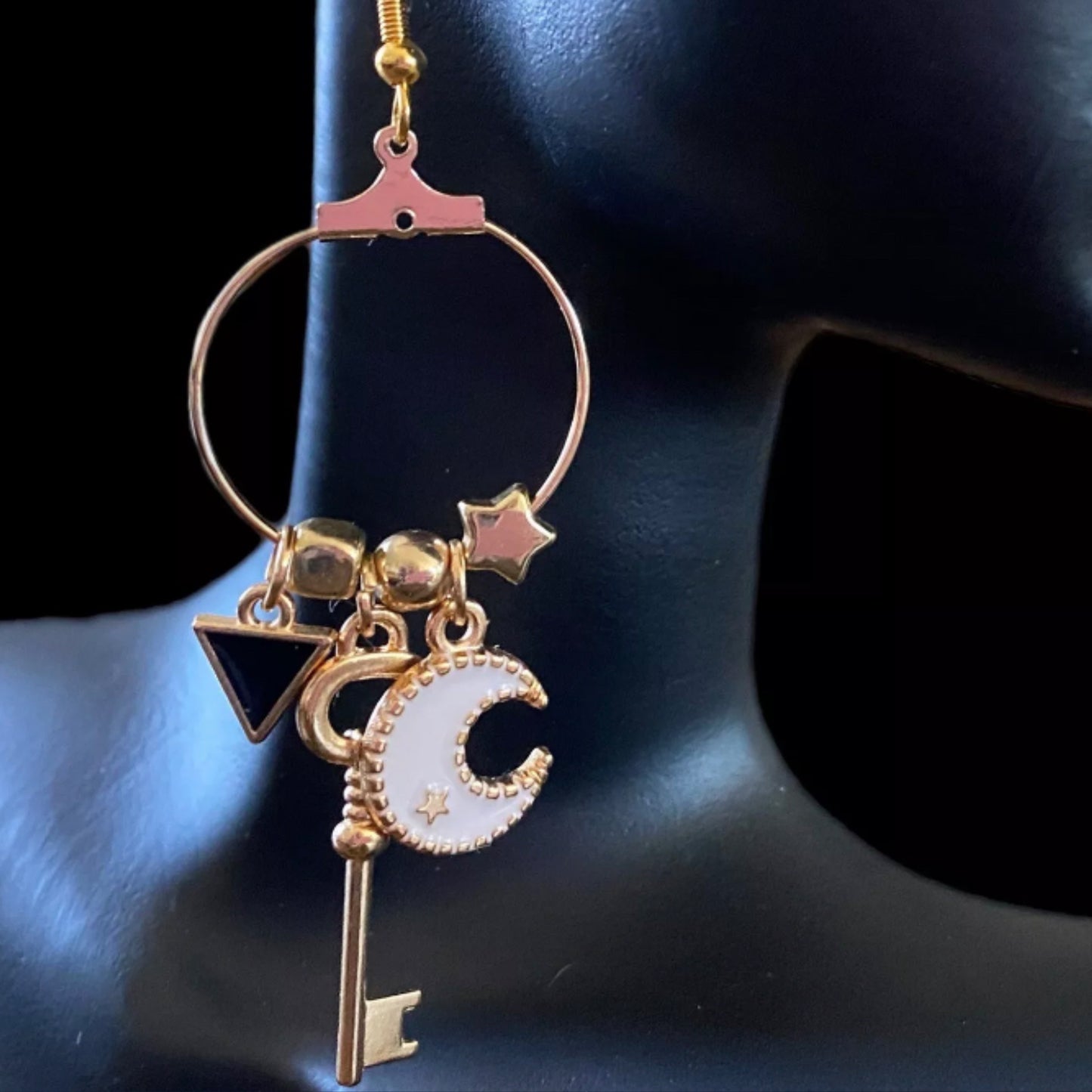 Asymmetrical Moon Charm Earrings Gold Over 925 Sterling Silver Hooks - East Coast Bella LLC