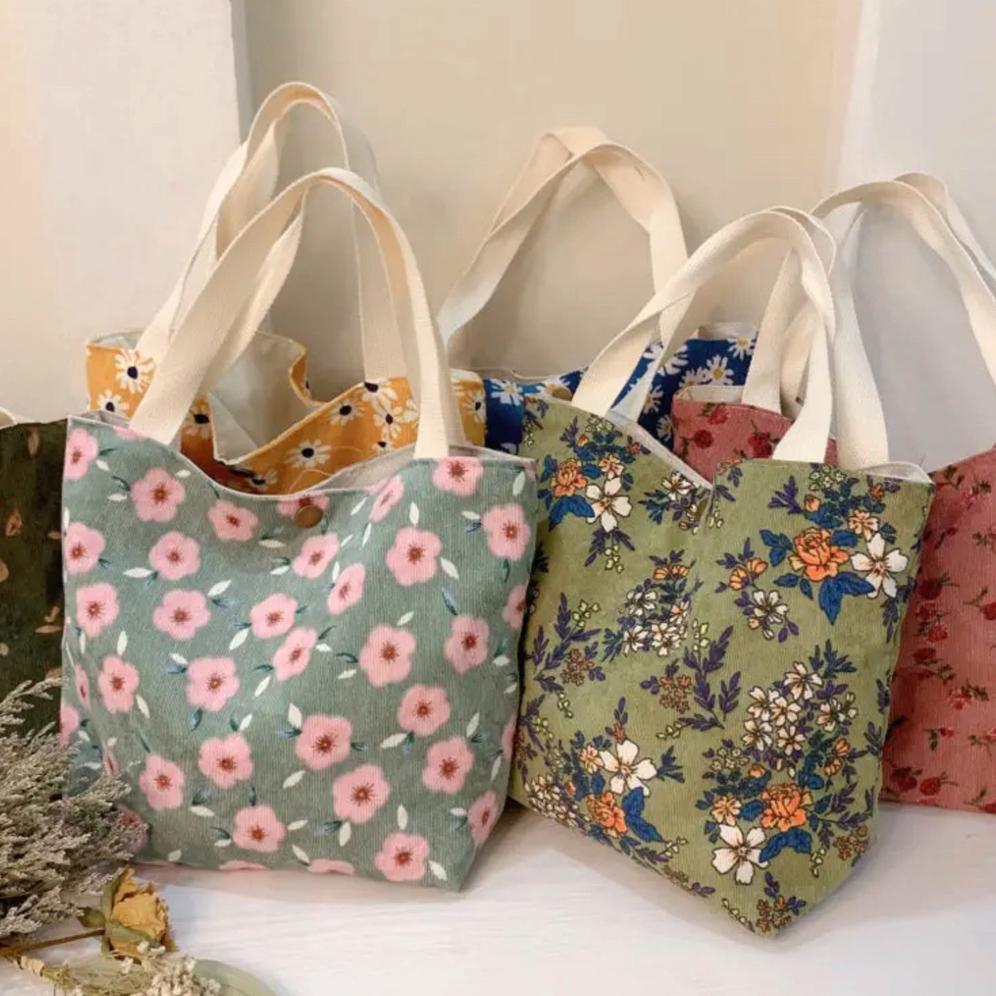 Vintage Style Artistic Floral Corduroy Small Tote in Sage Green w/Pink Flowers - East Coast Bella LLC