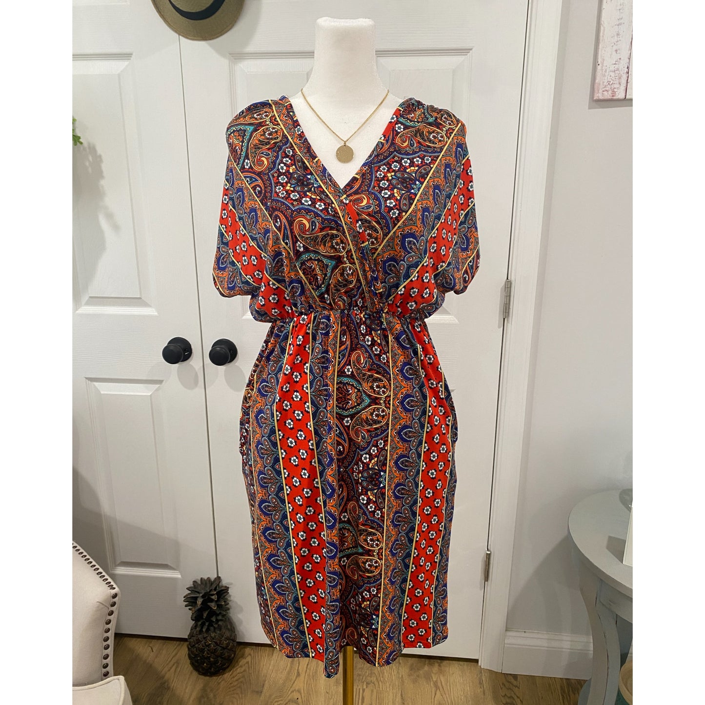 HAPTICS By HOLLY HARPER Sunset Orange Boho Paisley Surplice V Neck Pocketed Dress - East Coast Bella LLC