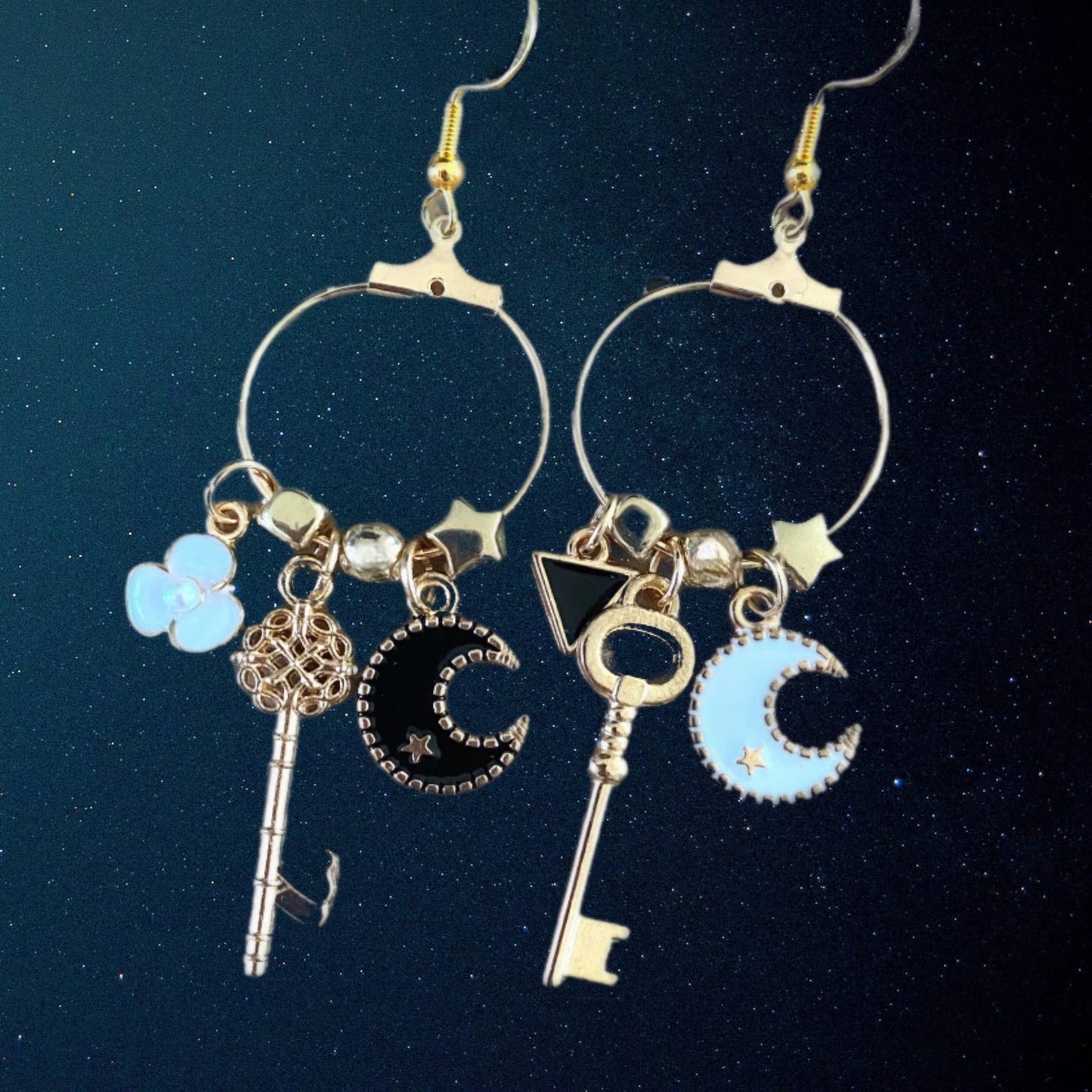 Asymmetrical Moon Charm Earrings Gold Over 925 Sterling Silver Hooks - East Coast Bella LLC