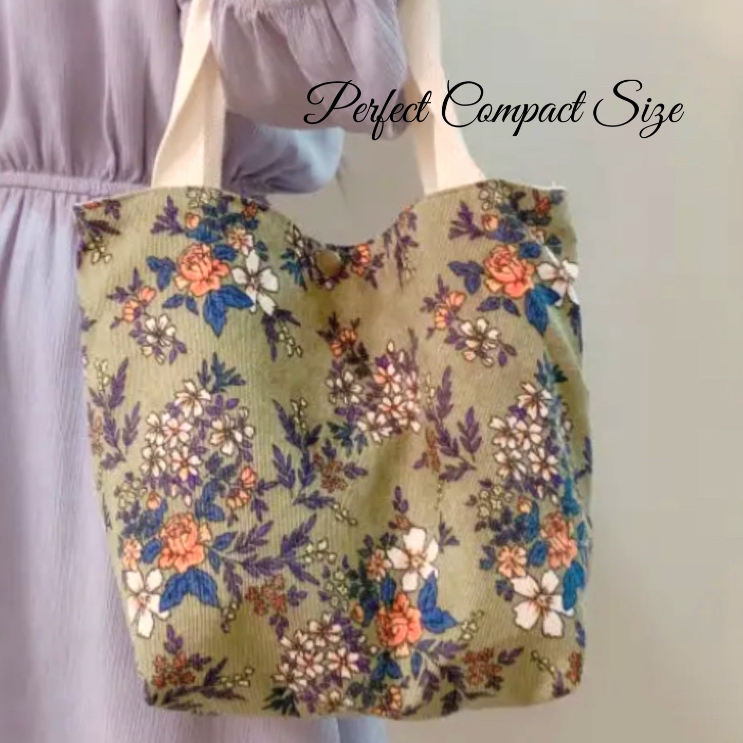 Vintage Style Artistic Floral Corduroy Small Tote in Sage Green w/Pink Flowers - East Coast Bella LLC