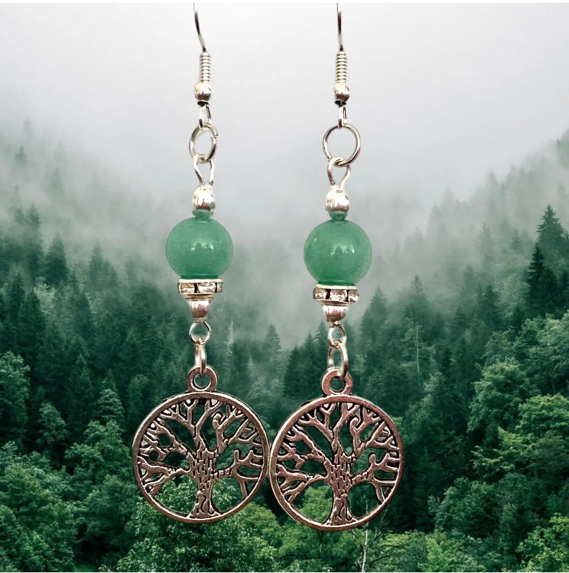 TREE OF LIFE Dangle Earrings Green Jade Gemstone Bead Accent Silver Tone Hook - East Coast Bella LLC