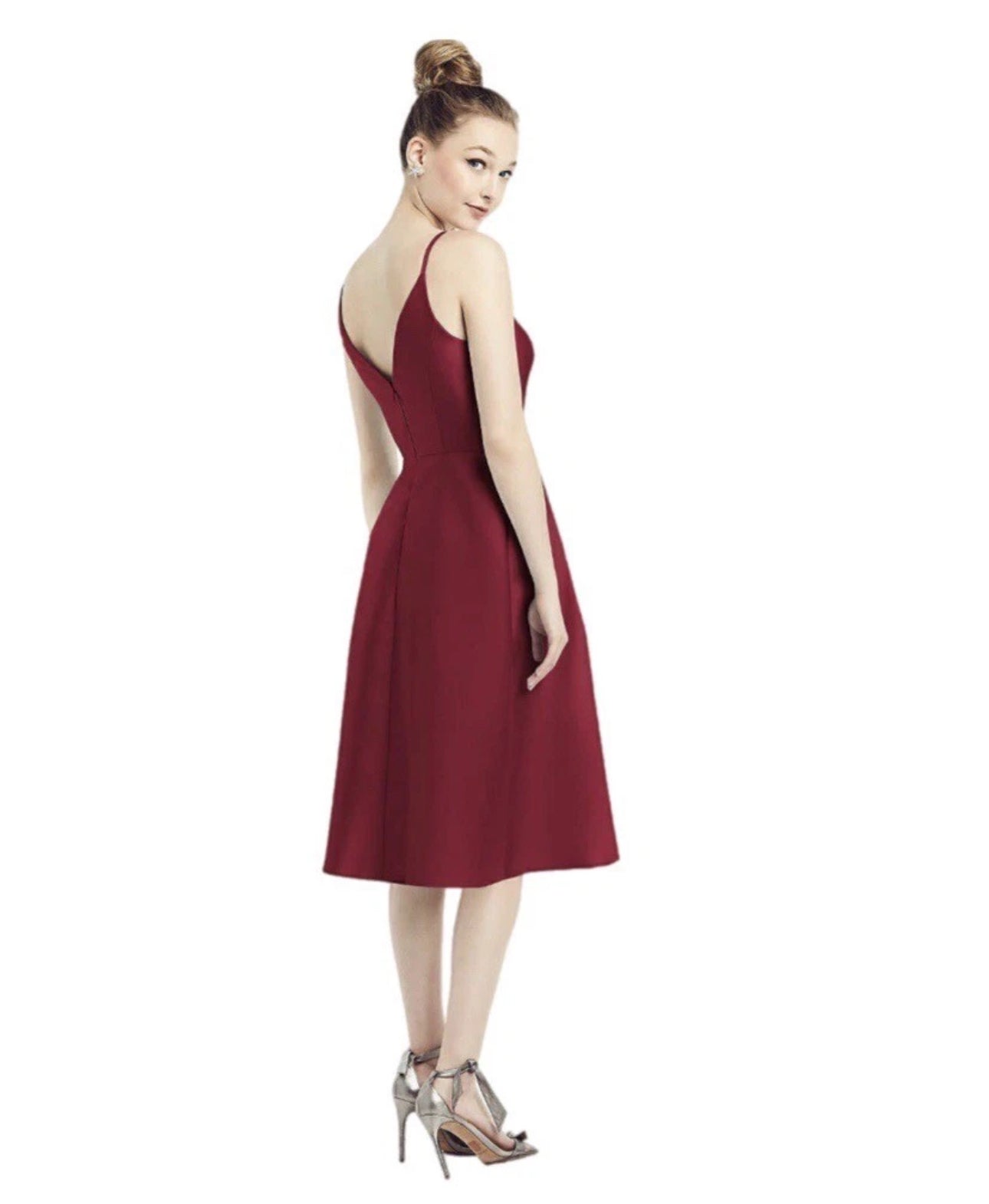 ALFRED SUNG Cocktail Dress Burgundy Satin Twill V Neck D777 w/Pockets