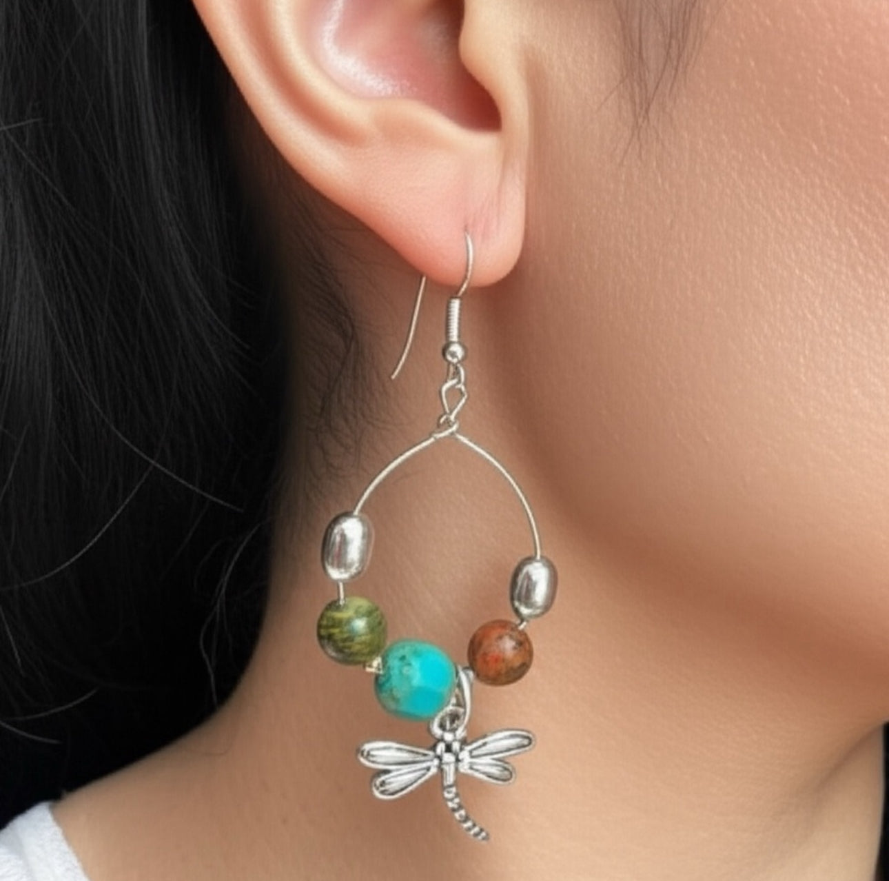Turquoise Accent Gemstone Hoop Dragonfly Earrings 925 Sterling Silver Hooks