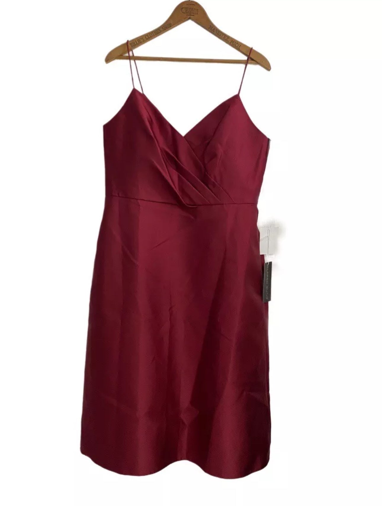 ALFRED SUNG Cocktail Dress Burgundy Satin Twill V Neck D777 w/Pockets