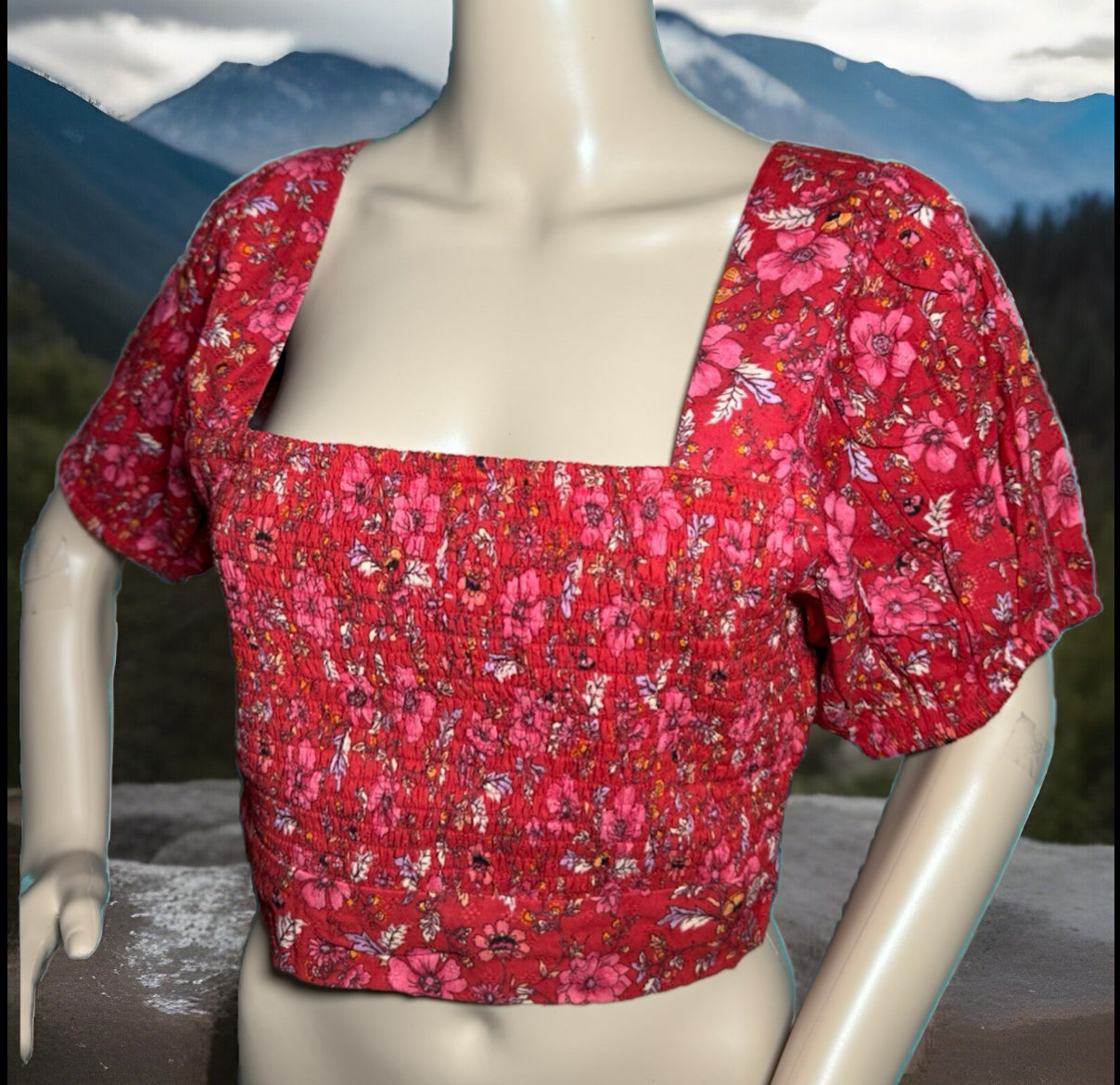 B.O.G. Collective Band Of The Free Boho Red Floral Blouse Smocked Cropped