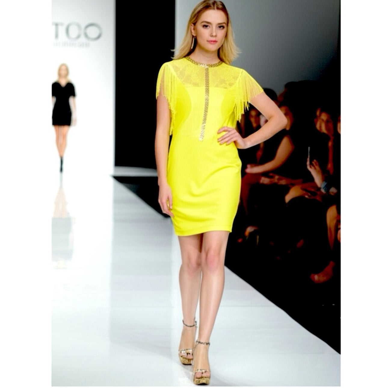 The Clothing Company Mini Dress Glam Yellow Embellished Fringe Lined S, M, L