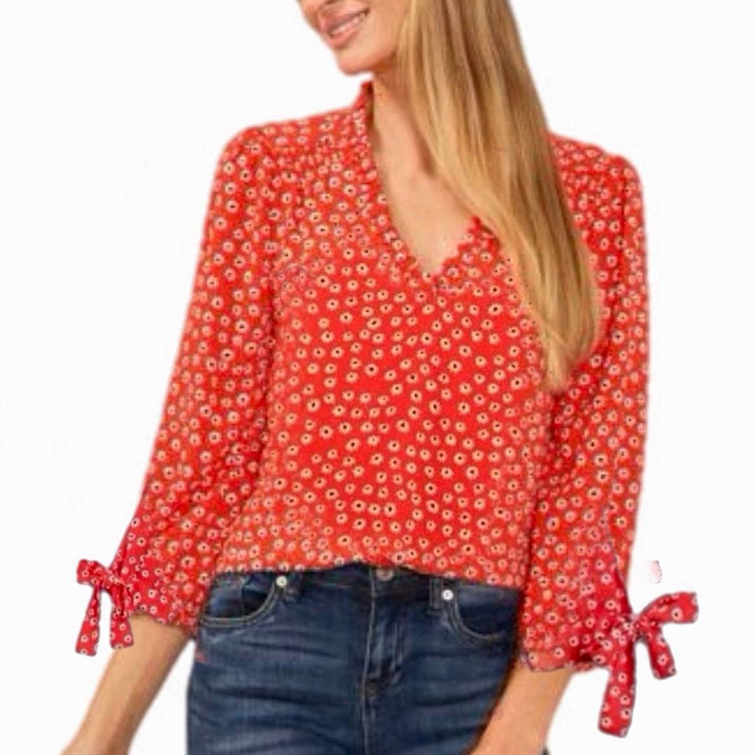 CeCe Daisy Floral Red Blouse 3/4 Sleeve Tie Cuff V Neck Top