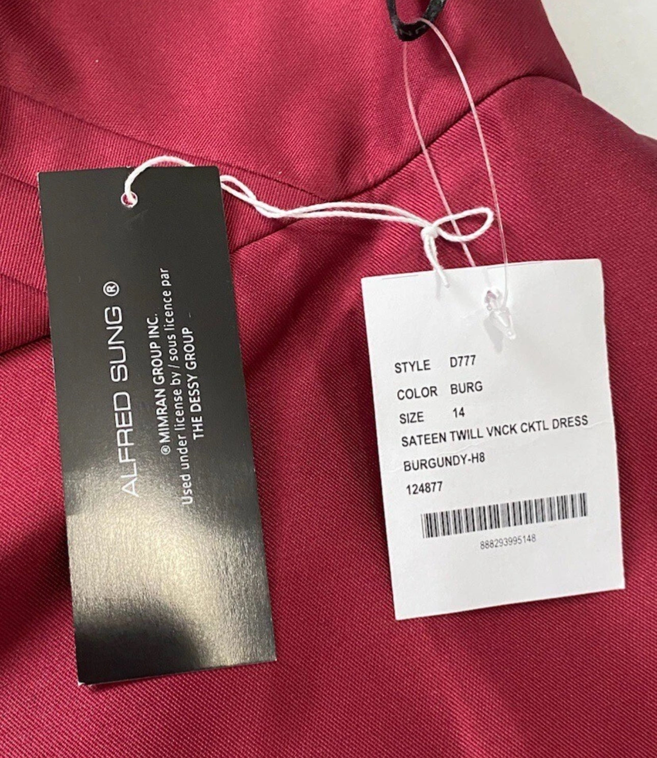 ALFRED SUNG Cocktail Dress Burgundy Satin Twill V Neck D777 w/Pockets