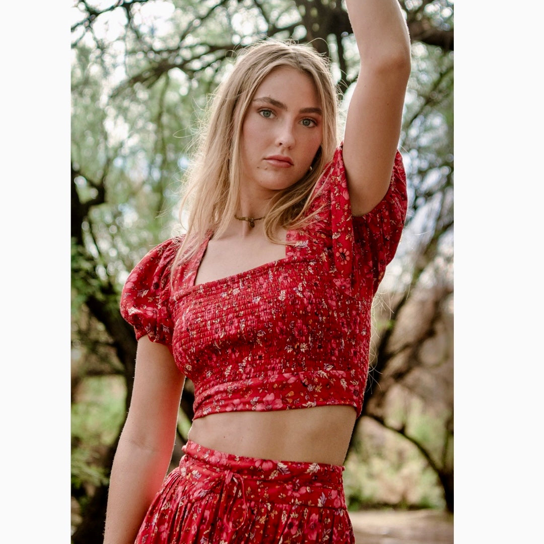 B.O.G. Collective Band Of The Free Boho Red Floral Blouse Smocked Cropped