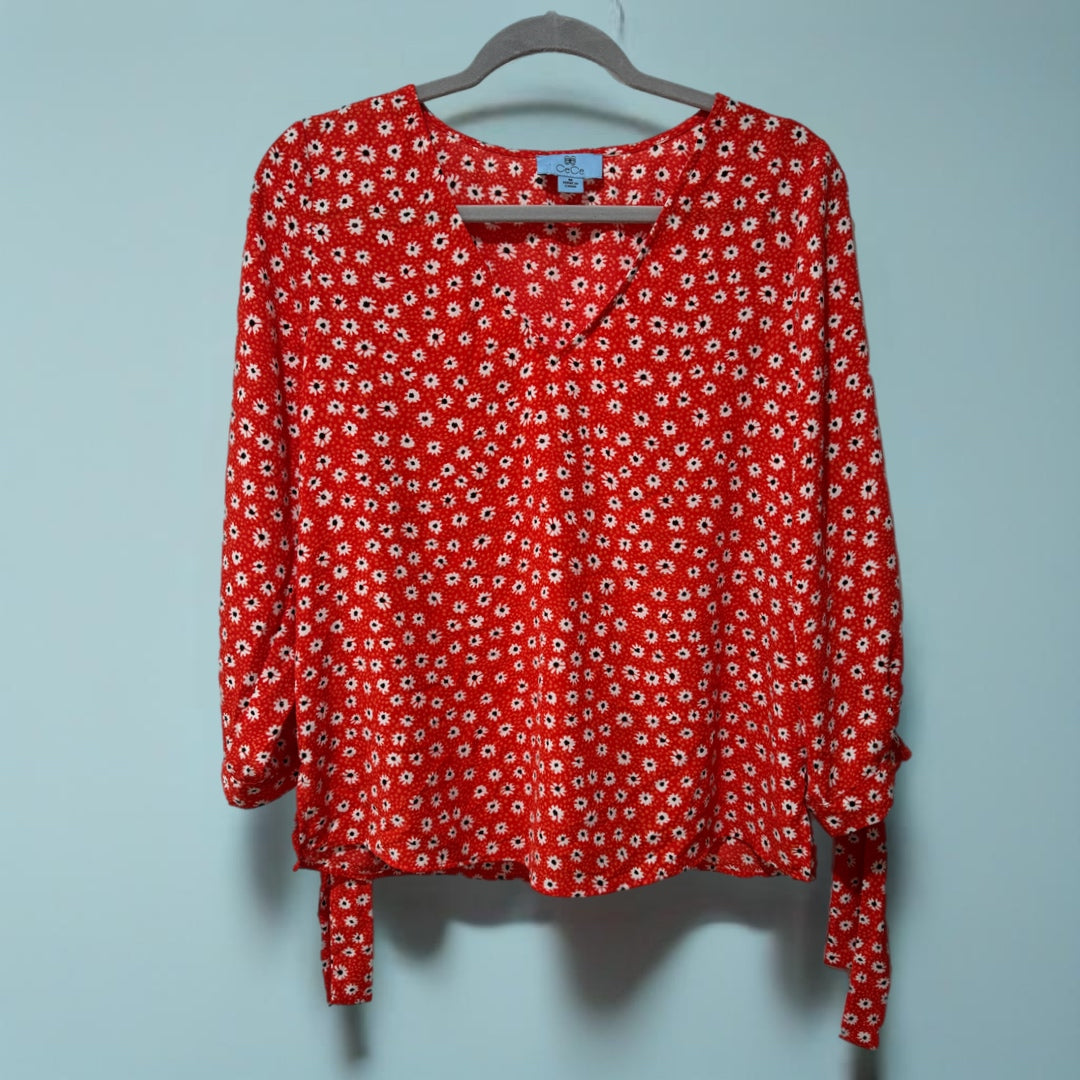 CeCe Daisy Floral Red Blouse 3/4 Sleeve Tie Cuff V Neck Top