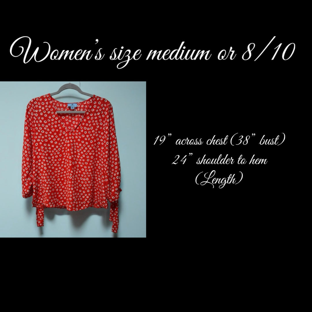 CeCe Daisy Floral Red Blouse 3/4 Sleeve Tie Cuff V Neck Top