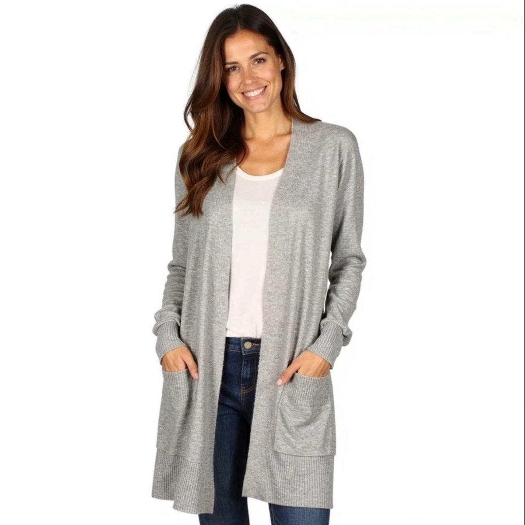 LOVE ELLIE Preppy Gray Long Open Cardigan Sweater with Pockets