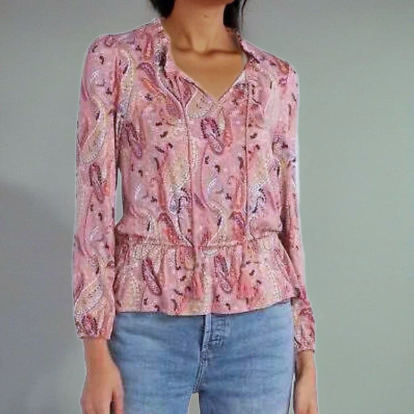 Les Serein Stitch Fix Pink Paisley Boutique Top Ruffle Blouse Split Neck