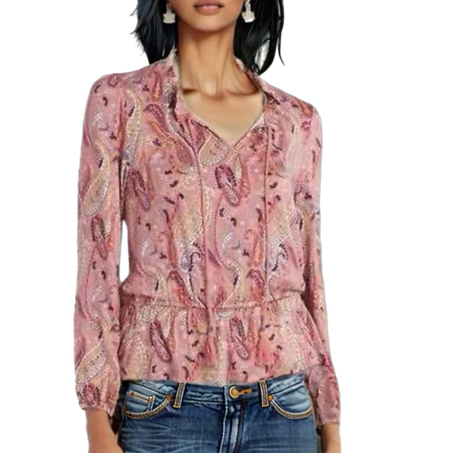 Les Serein Stitch Fix Pink Paisley Boutique Top Ruffle Blouse Split Neck