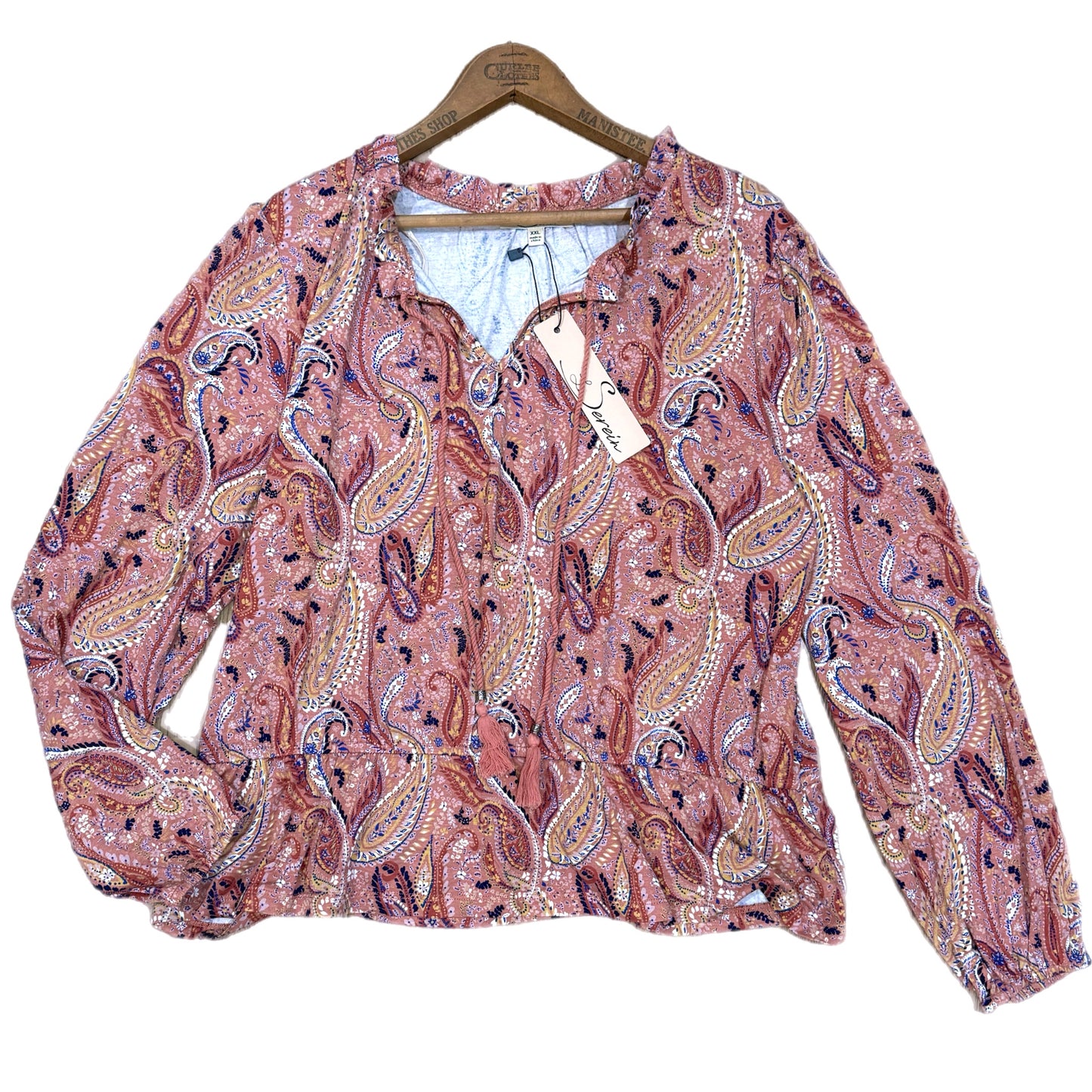 Les Serein Stitch Fix Pink Paisley Boutique Top Ruffle Blouse Split Neck