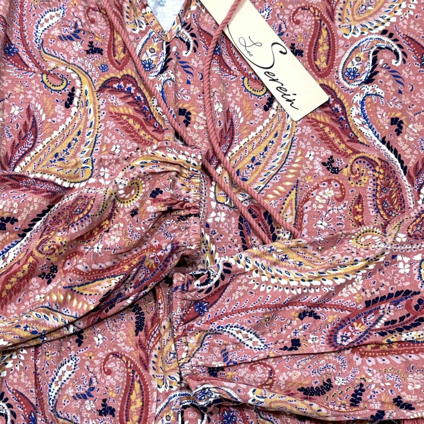 Les Serein Stitch Fix Pink Paisley Boutique Top Ruffle Blouse Split Neck
