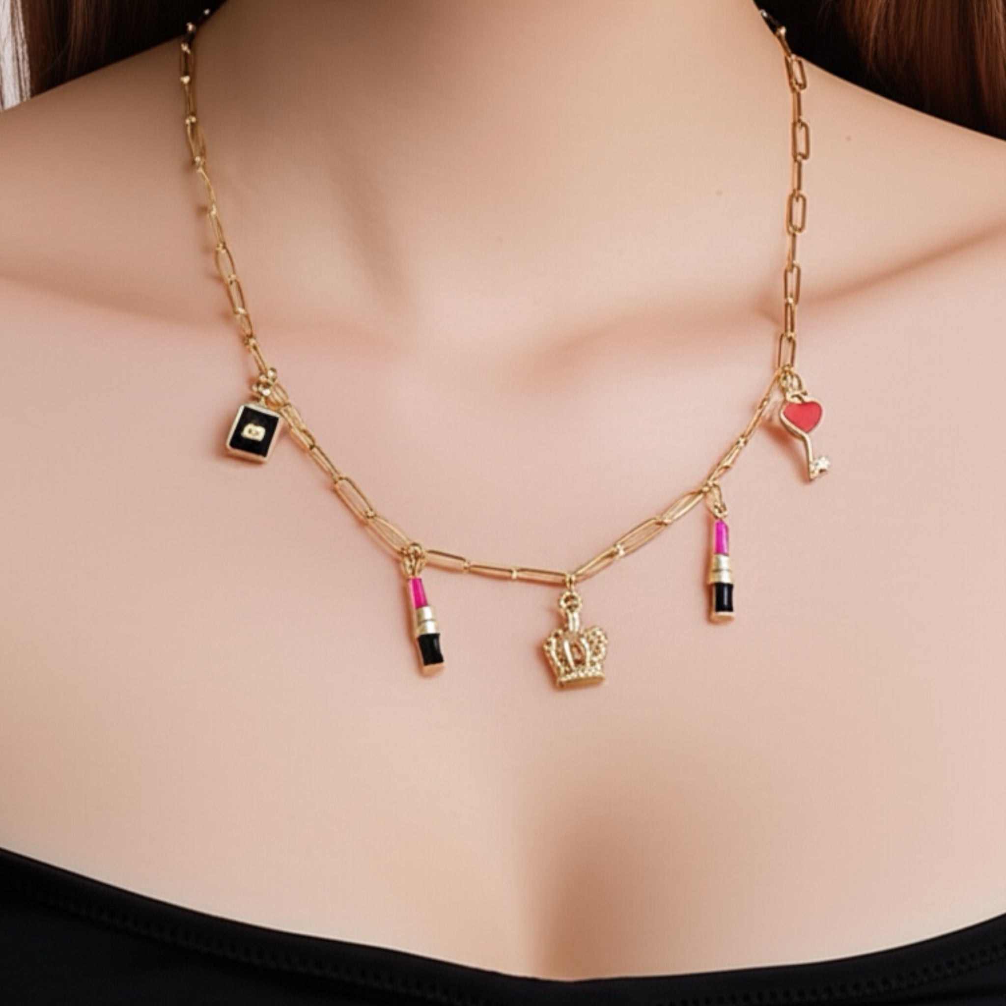 16K Gold Plated Brass QUEEN VIBES Charm Necklace 18”