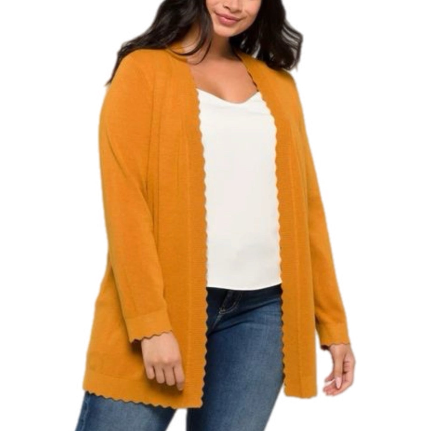 Evolution by Cyrus Scallop Hem Mustard Cardigan Sweater