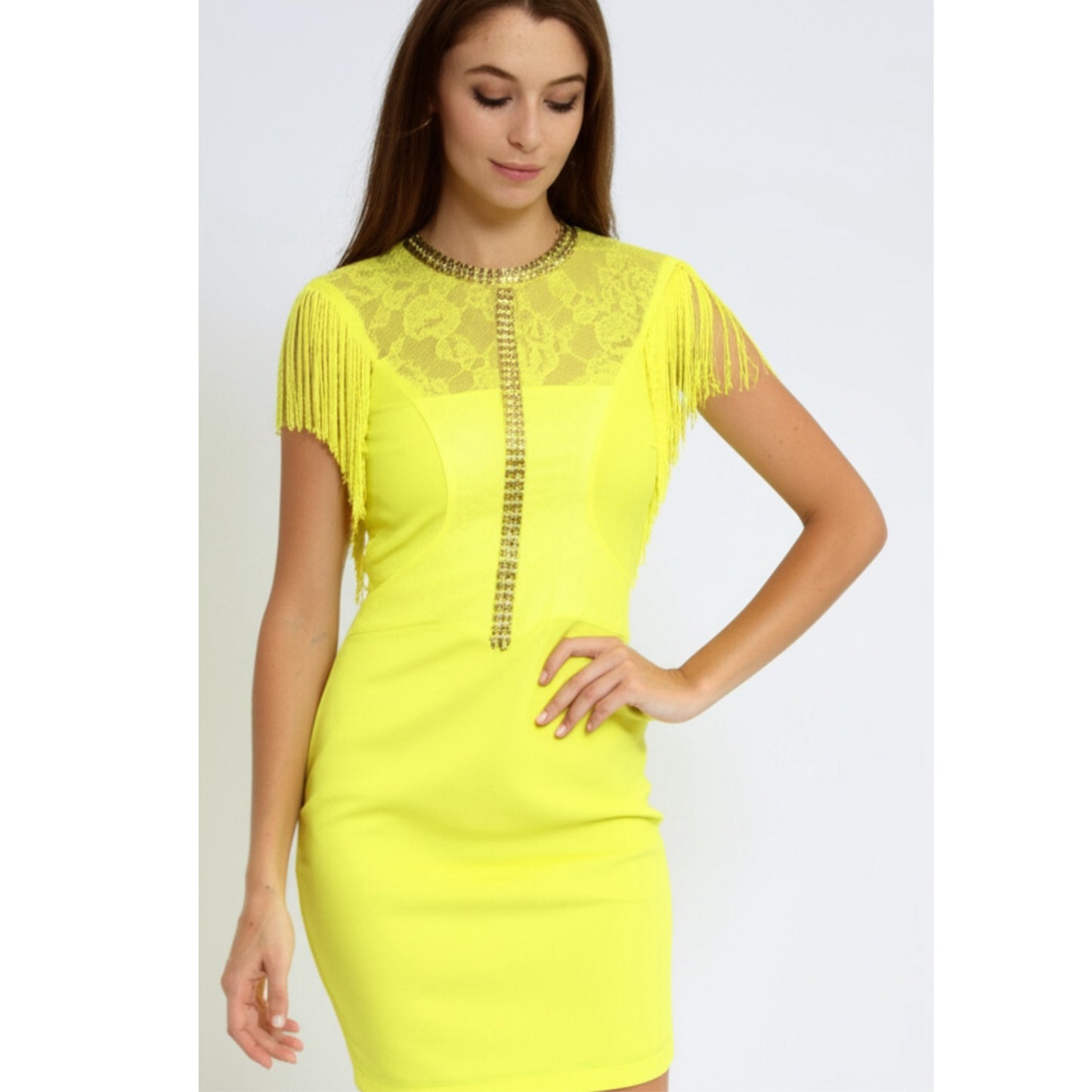 The Clothing Company Mini Dress Glam Yellow Embellished Fringe Lined S, M, L