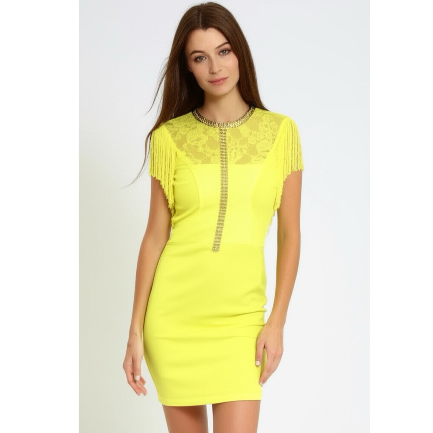 The Clothing Company Mini Dress Glam Yellow Embellished Fringe Lined S, M, L