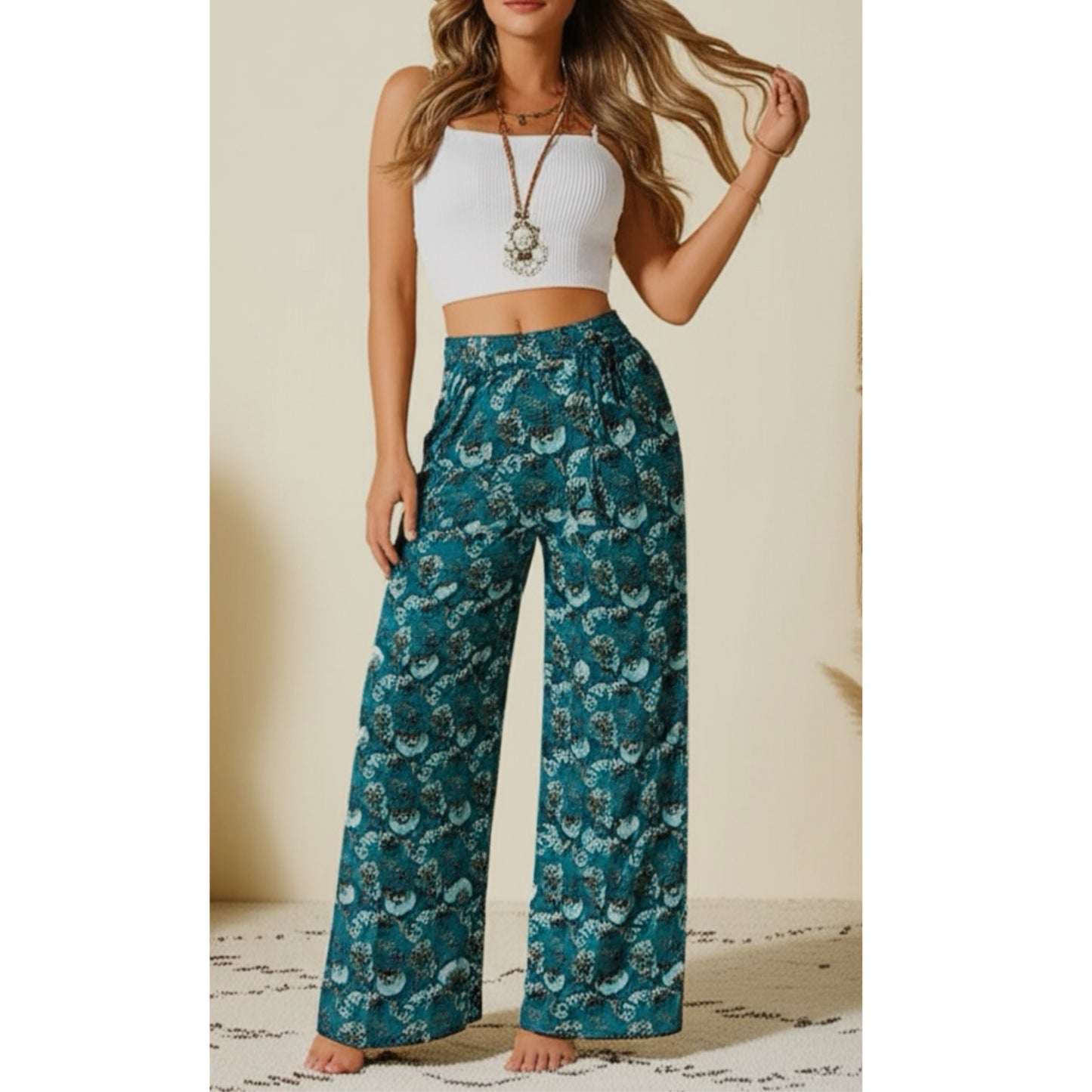 BAND OF THE FREE Elise Teal Floral Boho High Waist Wide Leg Pants