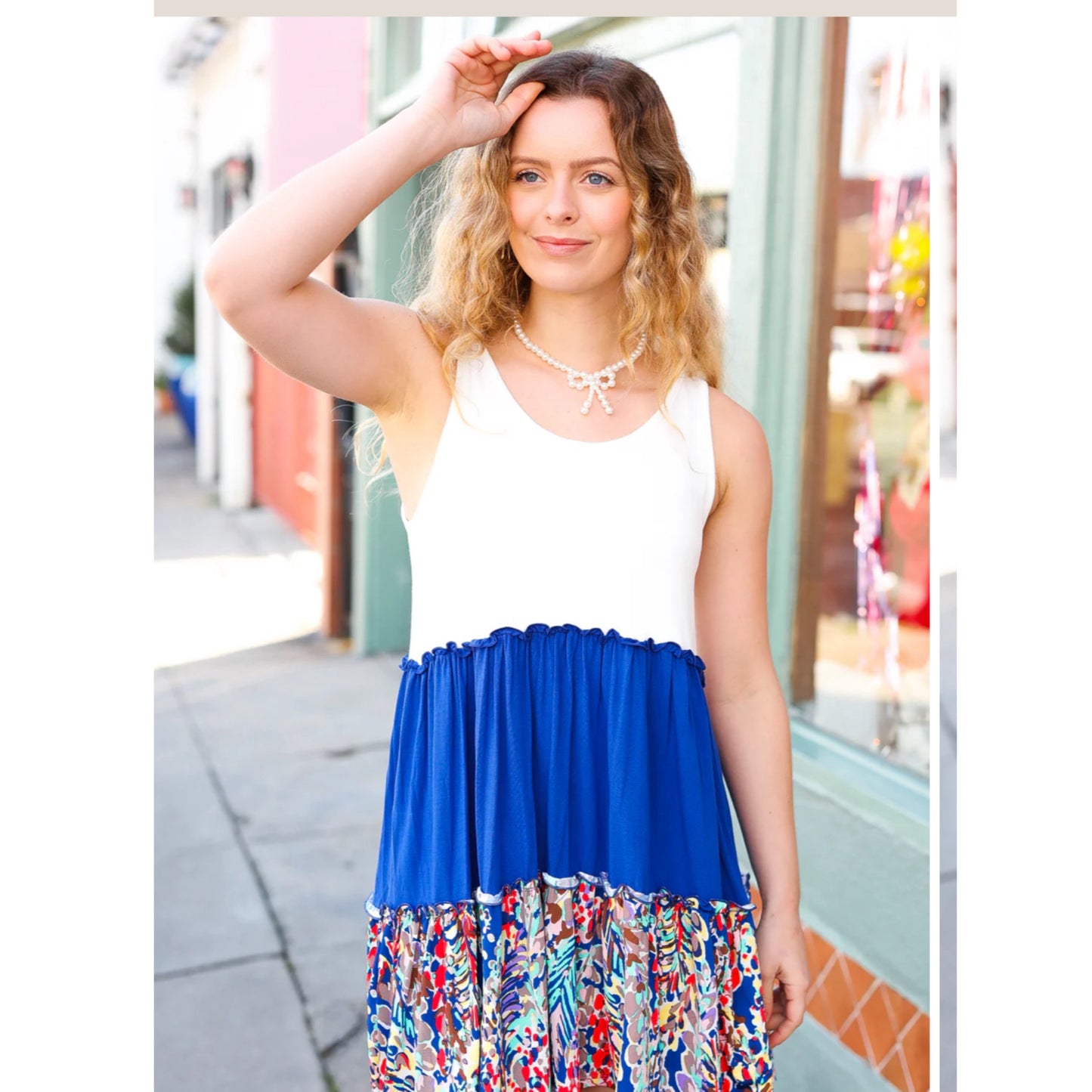 Beeson River Dress Ivory Color Block Royal Blue Floral Accent Sleeveless (S-XL)