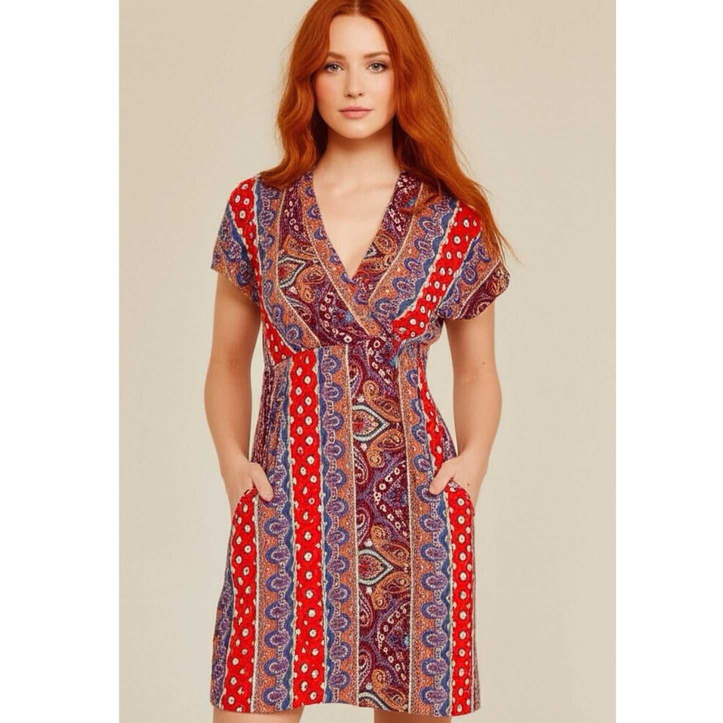 HAPTICS By HOLLY HARPER Sunset Orange Boho Paisley V Neck Dress S, M, L