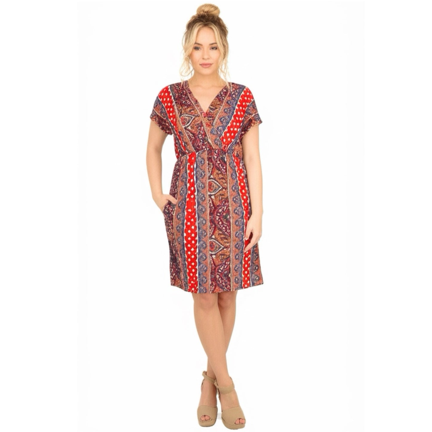 HAPTICS By HOLLY HARPER Sunset Orange Boho Paisley V Neck Dress S, M, L