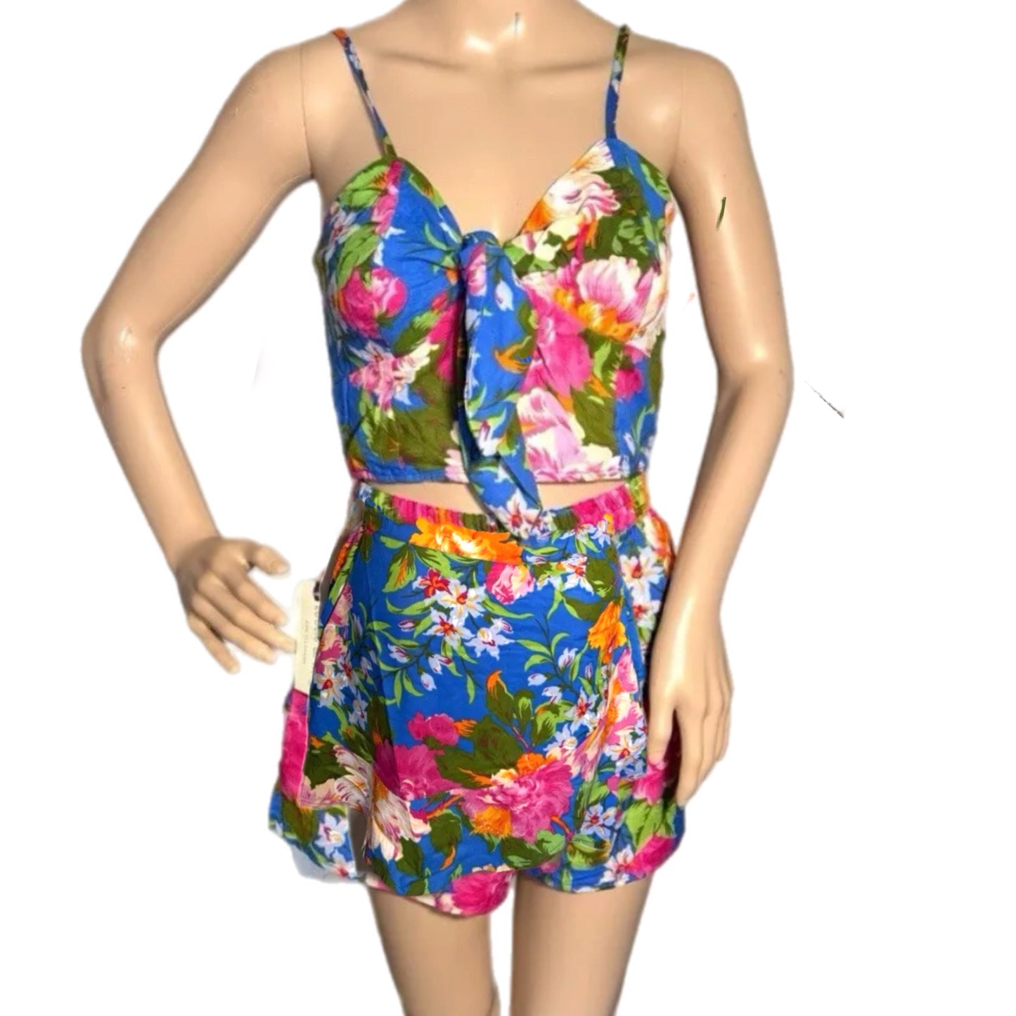 B.O.G. COLLECTIVE 2 Piece Set Tropical Blue Peep Stomach Skort Sweetheart Top