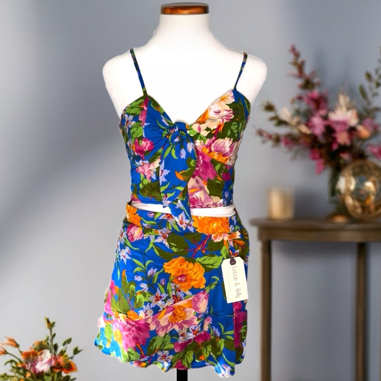 B.O.G. COLLECTIVE 2 Piece Set Tropical Blue Peep Stomach Skort Sweetheart Top