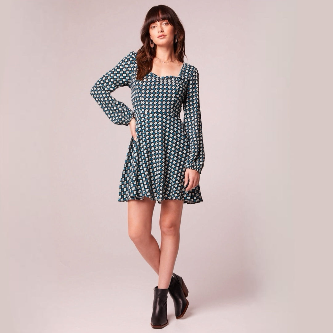 BAND OF THE FREE Genevieve Autumn Teal Diamond Long Sleeve Mini Dress