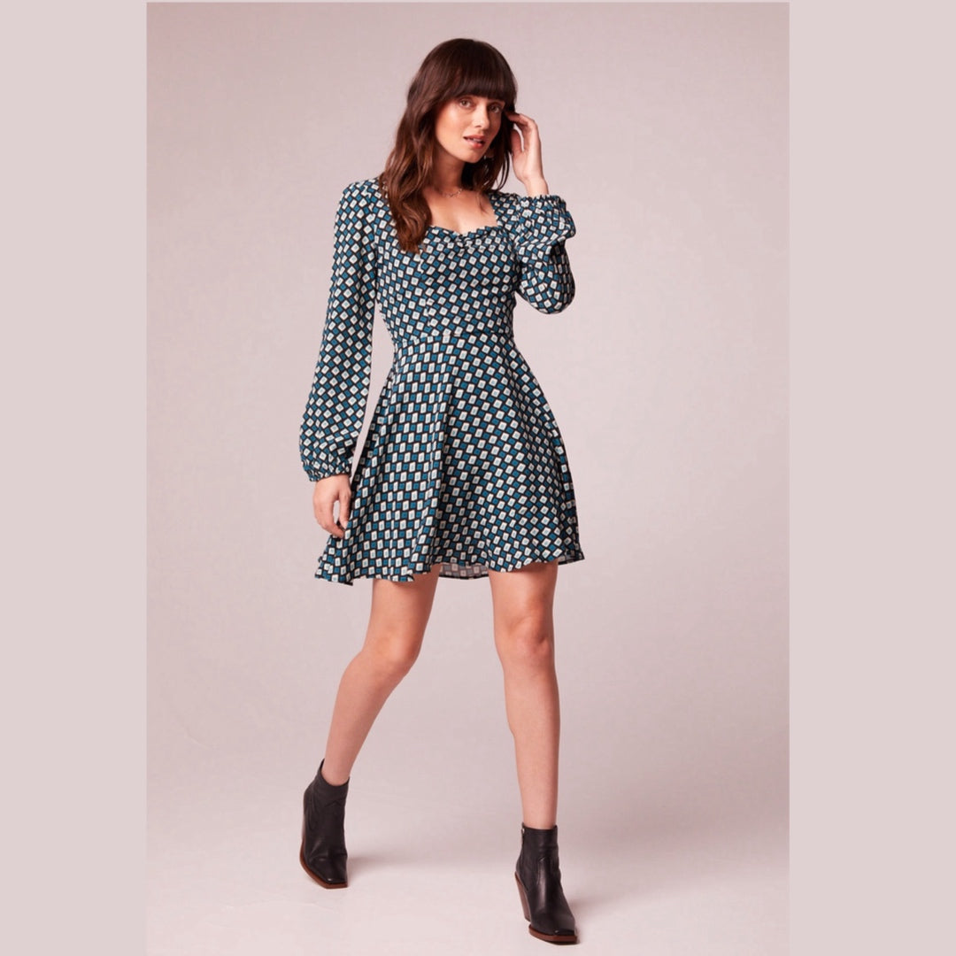 BAND OF THE FREE Genevieve Autumn Teal Diamond Long Sleeve Mini Dress
