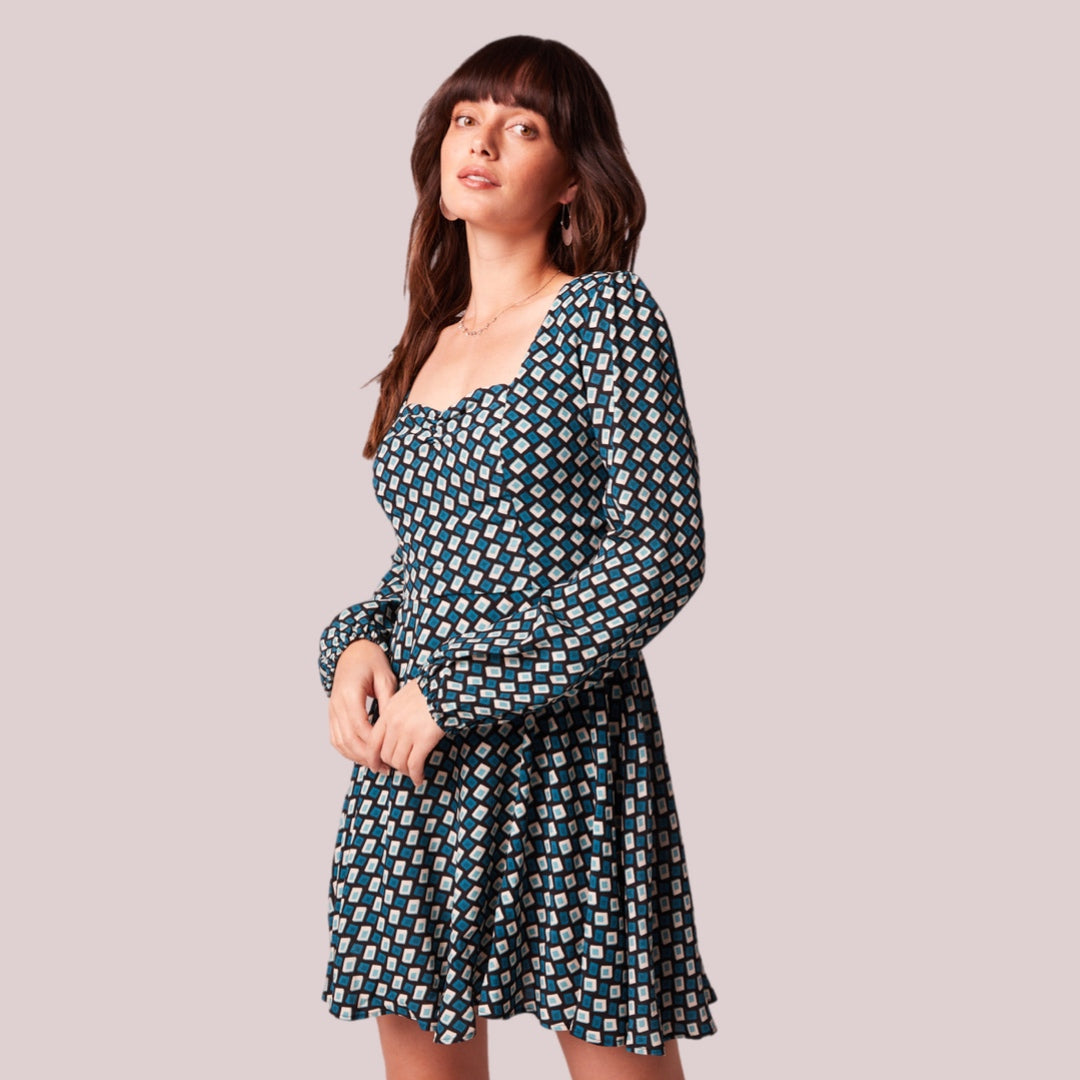 BAND OF THE FREE Genevieve Autumn Teal Diamond Long Sleeve Mini Dress