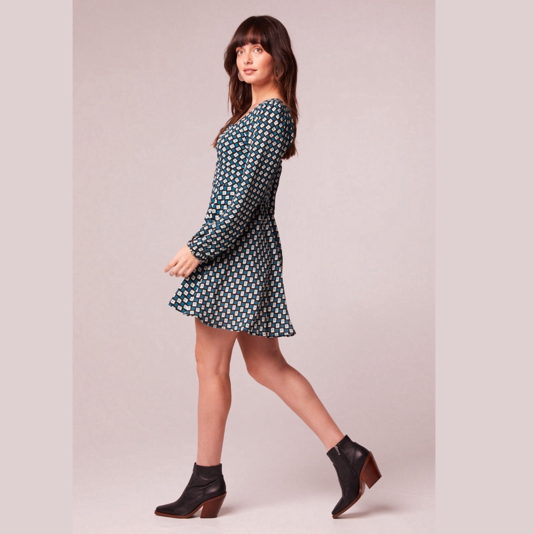 BAND OF THE FREE Genevieve Autumn Teal Diamond Long Sleeve Mini Dress