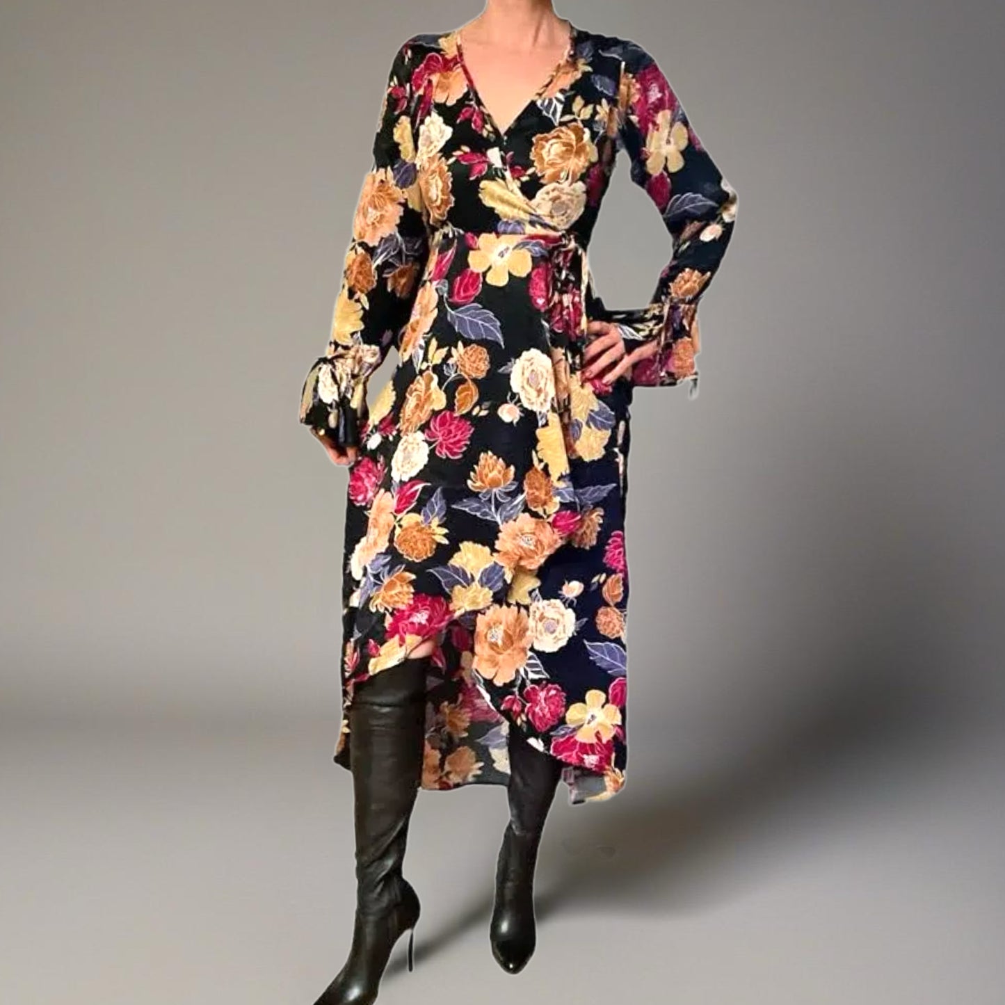 BAND OF THE FREE Black Floral Hi-Lo Wrap Maxi Dress Long Sleeve