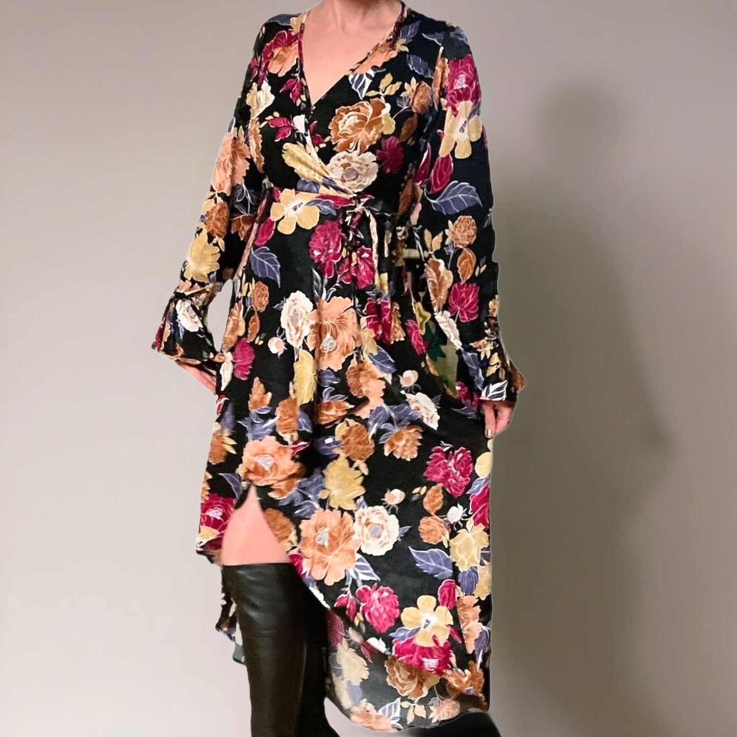 BAND OF THE FREE Black Floral Hi-Lo Wrap Maxi Dress Long Sleeve