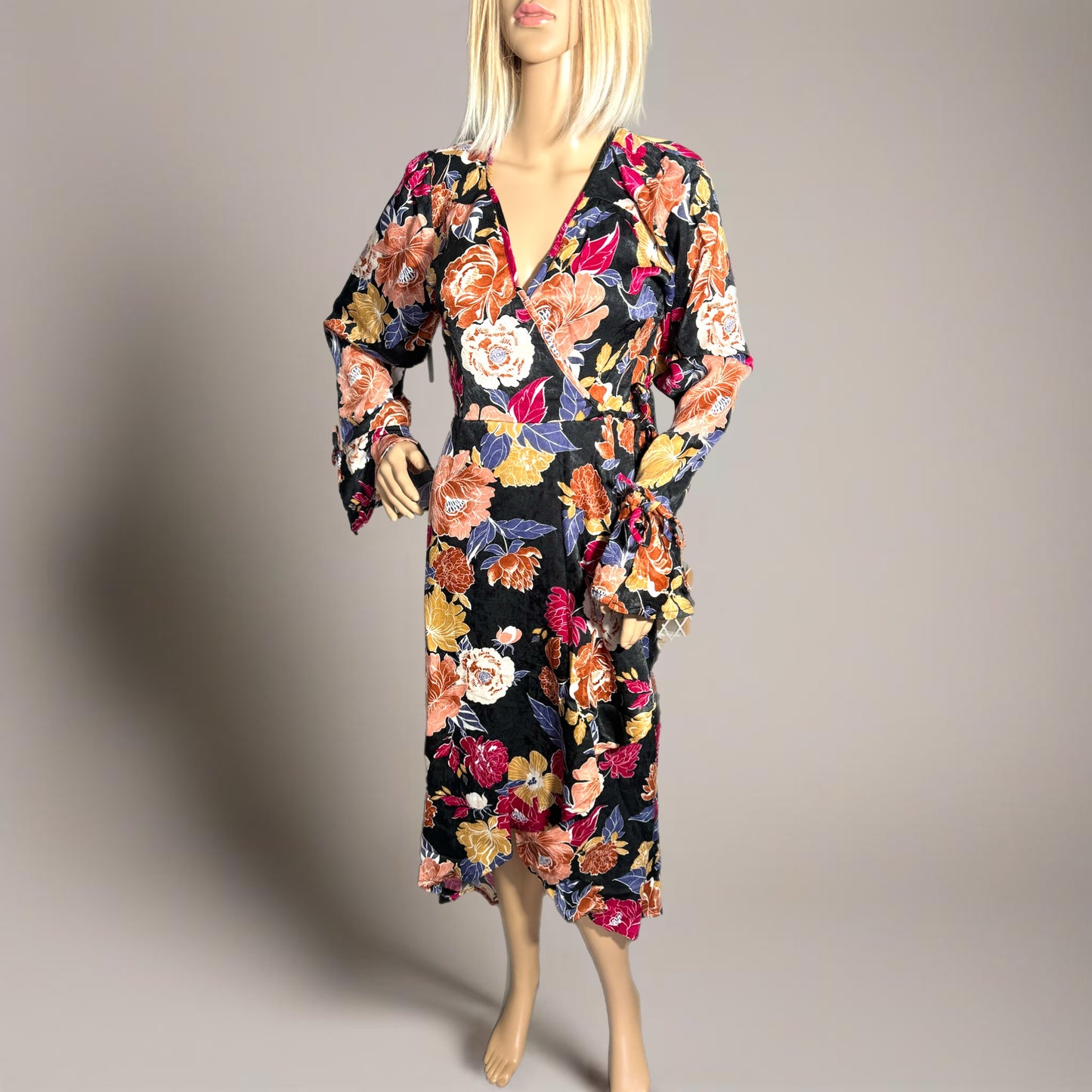 BAND OF THE FREE Black Floral Hi-Lo Wrap Maxi Dress Long Sleeve
